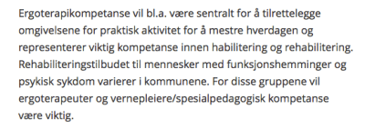 Bilde av tekst fra meldingen der skårstrek vernepleier spesialpedagog fremgår
