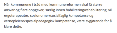 Bilde av tekst fra meldingen der skårstrek vernepleier spesialpedagog fremgår