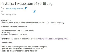 Bilde av melding fra posten om forsendelse
