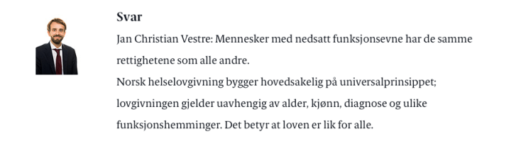 Screenshot av svaret til Vestre